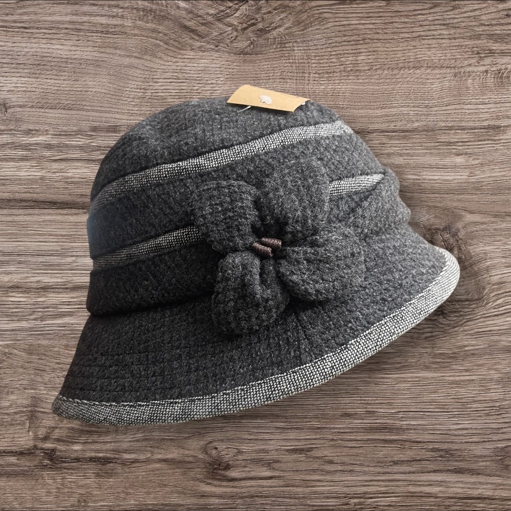 Bucket Hat Gray Wool blend flower rosette on the side